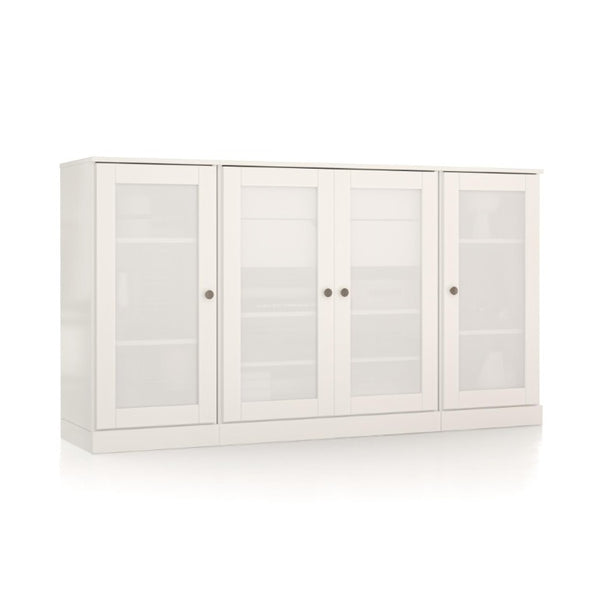 65 Inch Solid Wood Sideboard with Four Glass Doors and Two Drawers for Dining Room Storage