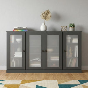 65 Inch Solid Wood Sideboard with Four Glass Doors and Two Drawers for Dining Room Storage