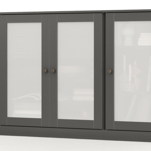 65 Inch Solid Wood Sideboard with Four Glass Doors and Two Drawers for Dining Room Storage