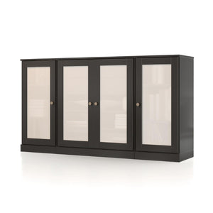 65 Inch Solid Wood Sideboard with Four Glass Doors and Two Drawers for Dining Room Storage