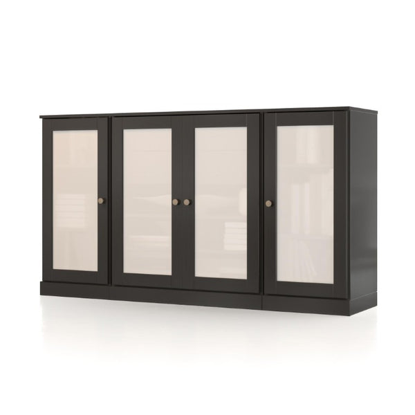 65 Inch Solid Wood Sideboard with Four Glass Doors and Two Drawers for Dining Room Storage
