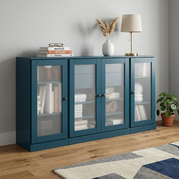 65 Inch Solid Wood Sideboard with Four Glass Doors and Two Drawers for Dining Room Storage