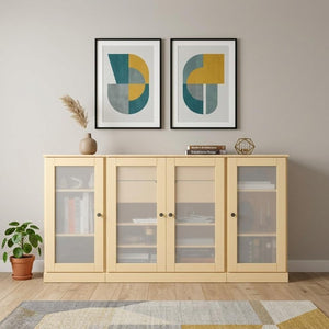 65 Inch Solid Wood Sideboard with Four Glass Doors and Two Drawers for Dining Room Storage