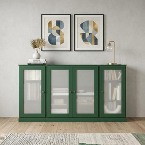 65 Inch Solid Wood Sideboard with Four Glass Doors and Two Drawers for Dining Room Storage