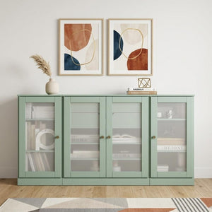 65 Inch Solid Wood Sideboard with Four Glass Doors and Two Drawers for Dining Room Storage