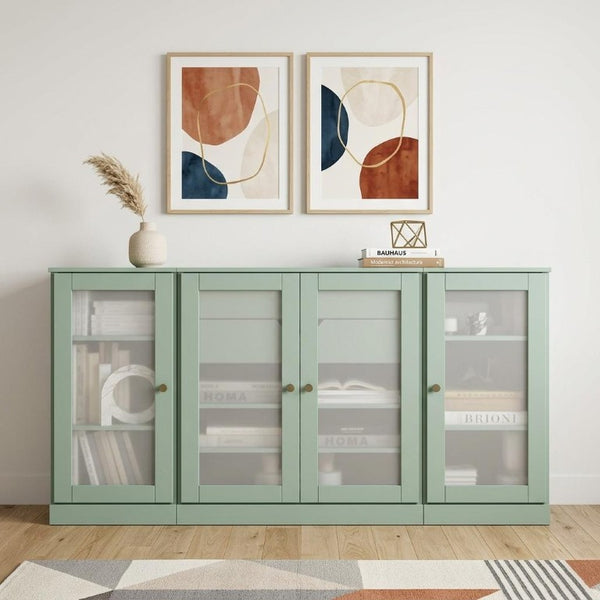 65 Inch Solid Wood Sideboard with Four Glass Doors and Two Drawers for Dining Room Storage