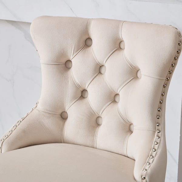 English Elm Swivel Velvet Barstools with Tufted Button Back, 360° Rotate, Plush Foam & Rubberwood Frame Beige W1143P241329