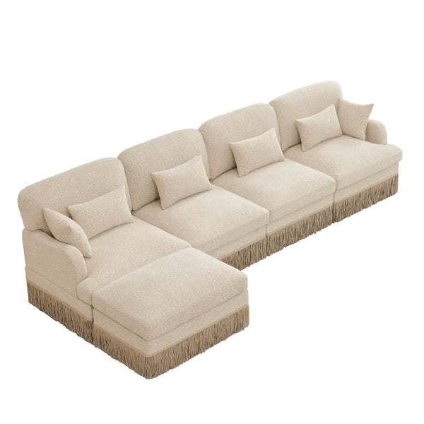 English Elm 131"comfy Chenille Leopard Print Sectional Sofa with Tassel Trim and Movable Ottoman Beige W5656S00008