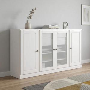 65 Inch Solid Wood Sideboard with Four Glass Doors and Two Drawers for Dining Room Storage