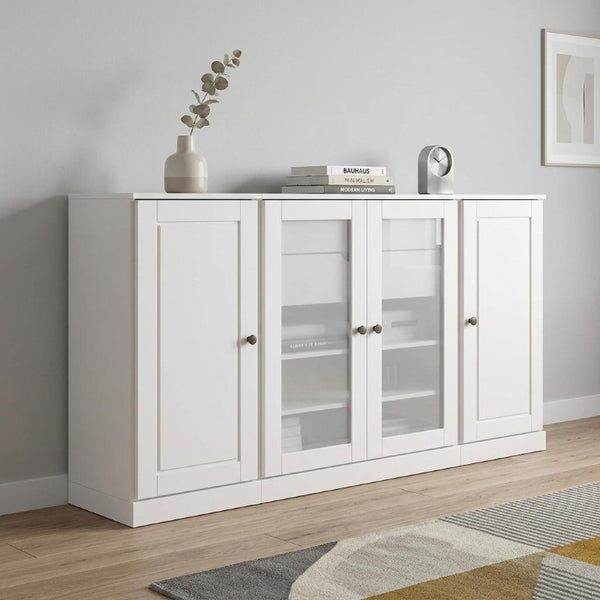 65 Inch Solid Wood Sideboard with Four Glass Doors and Two Drawers for Dining Room Storage