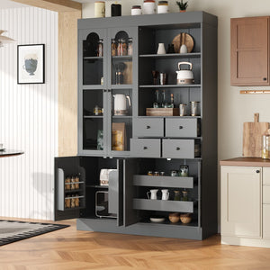 English Elm Topmax Shaker Buffet Hutch with Glass Doors Drawers and Pull-out Trays Gray SP000092AAE