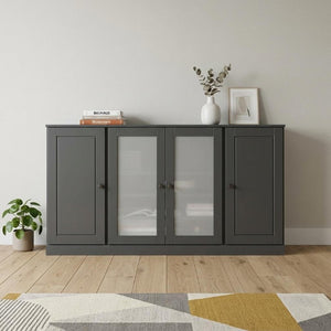 65 Inch Solid Wood Sideboard with Four Glass Doors and Two Drawers for Dining Room Storage