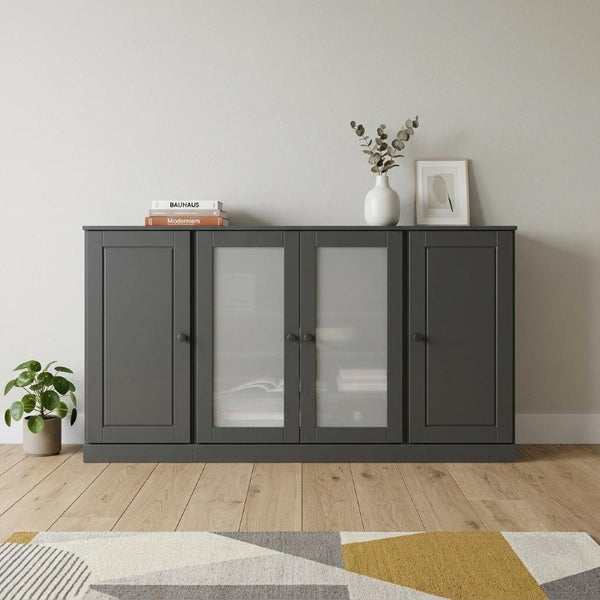 65 Inch Solid Wood Sideboard with Four Glass Doors and Two Drawers for Dining Room Storage