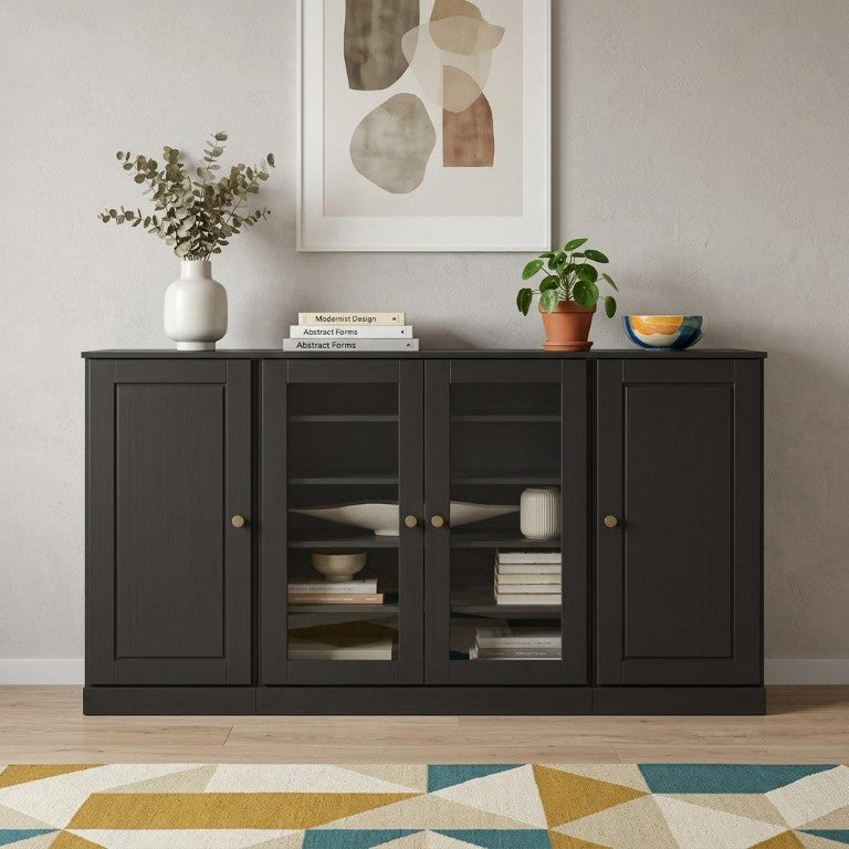 HomeRoots 65 Inch Solid Wood Sideboard with Four Glass Doors and Two Drawers for Dining Room Storage Black - B 754971