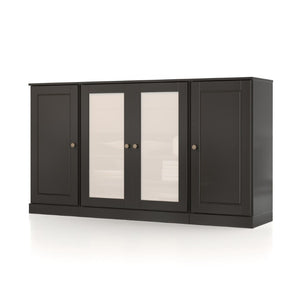 HomeRoots 65 Inch Solid Wood Sideboard with Four Glass Doors and Two Drawers for Dining Room Storage Black - B 754971