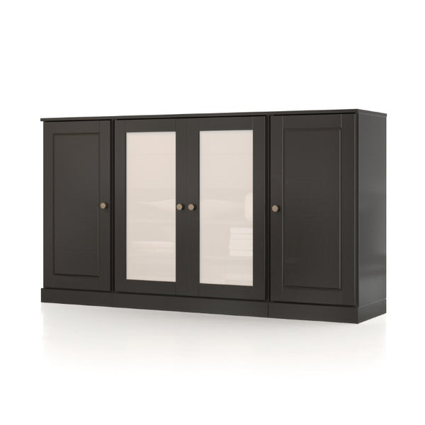 HomeRoots 65 Inch Solid Wood Sideboard with Four Glass Doors and Two Drawers for Dining Room Storage Black - B 754971