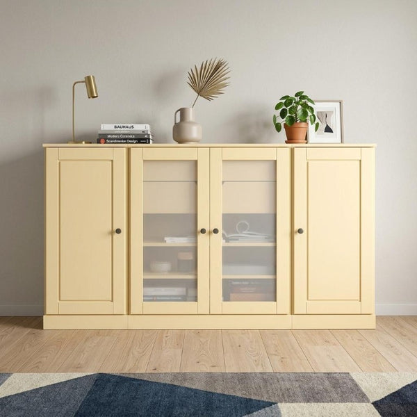 65 Inch Solid Wood Sideboard with Four Glass Doors and Two Drawers for Dining Room Storage