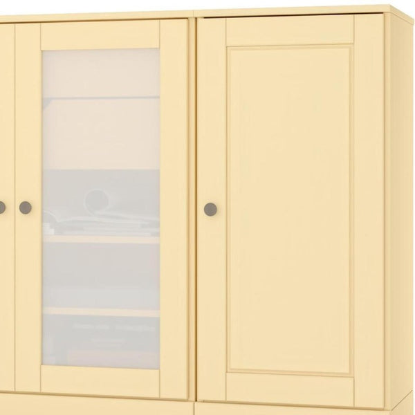 65 Inch Solid Wood Sideboard with Four Glass Doors and Two Drawers for Dining Room Storage