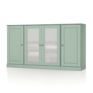 65 Inch Solid Wood Sideboard with Four Glass Doors and Two Drawers for Dining Room Storage