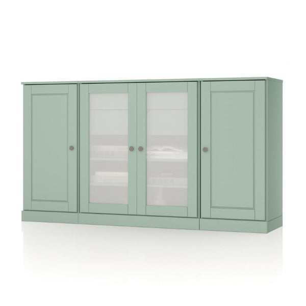 65 Inch Solid Wood Sideboard with Four Glass Doors and Two Drawers for Dining Room Storage