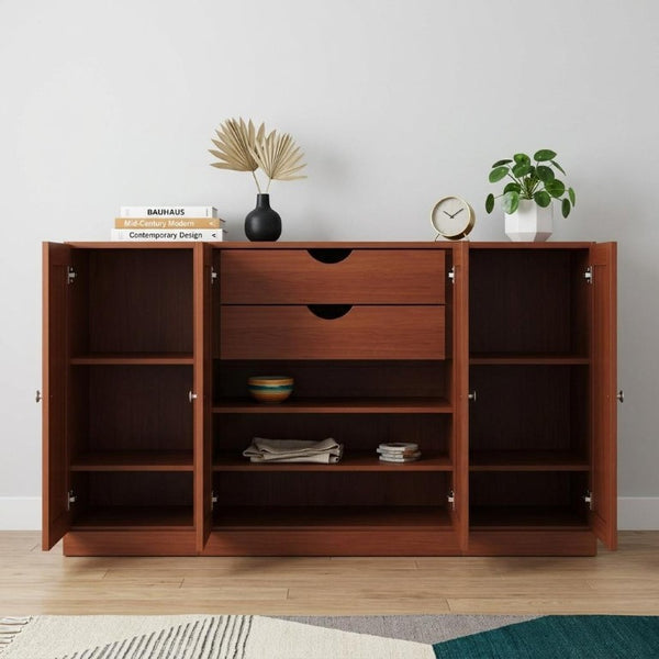 65 Inch Solid Wood Sideboard with Two Drawers and Four Cabinet Doors for Dining Rooms