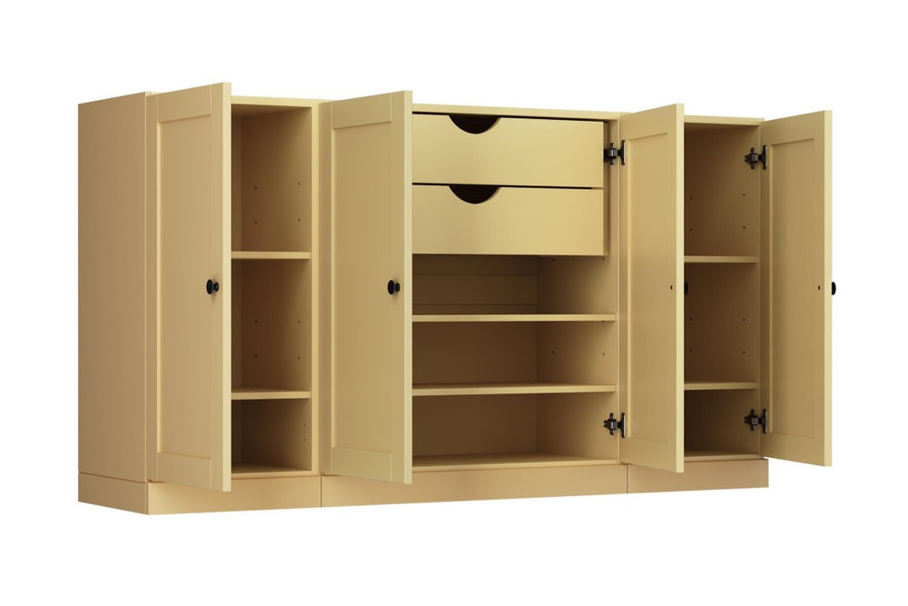 HomeRoots 65 Inch Solid Wood Sideboard with Four Doors and Two Drawers for Dining Room Storage 754982