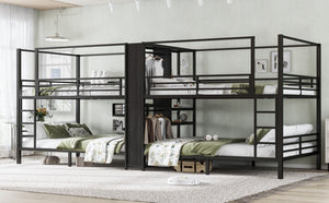 English Elm Queen Size Quadruple Metal Bunk Bed With Storage, Noise-Reducing Design & Sturdy Black Frame W1580S00156-GIGA