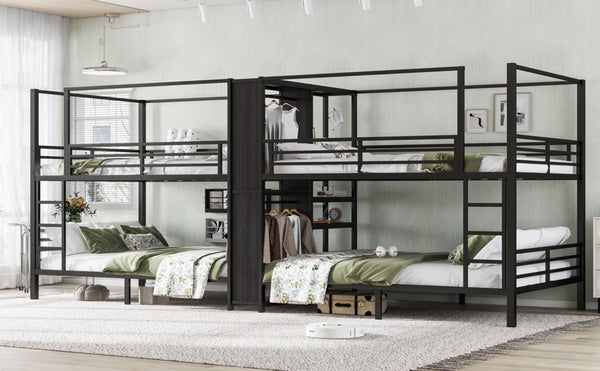 English Elm Queen Size Quadruple Metal Bunk Bed With Storage, Noise-Reducing Design & Sturdy Black Frame W1580S00156-GIGA