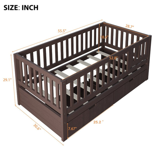 English Elm Convertible Toddler Daybed Solid Pine Kids Bed with Storage Drawers and Removable Rails Espresso N899P429848N