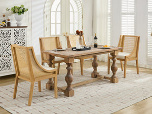 English Elm Rattan Solid Wood Dining Chair with Linen Seat and Decorative Armrests, Rustic Faux Rattan Elegance for Home Beige W1143P335052