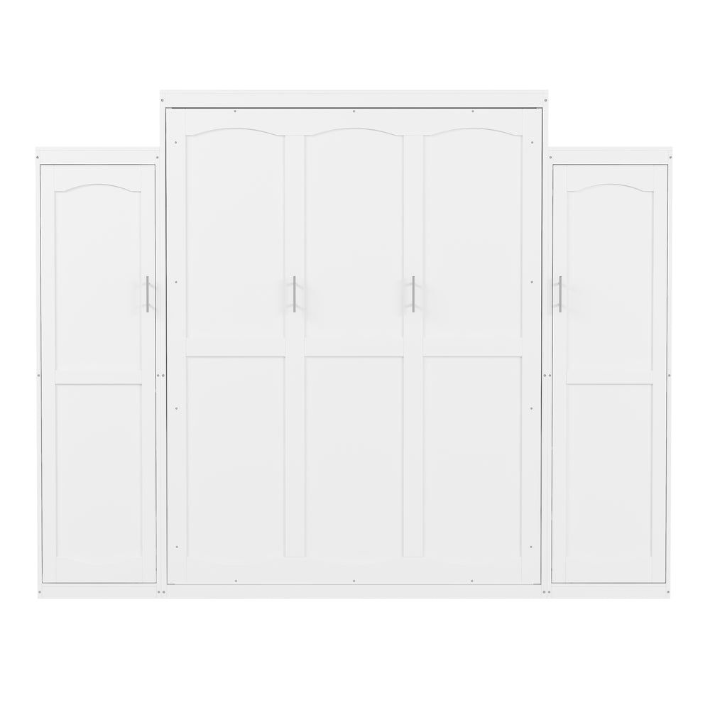 English Elm Queen Murphy Bed with 2 Wardrobes & Foldable Platform, Space-Saving White Queen Bedframe 650lbs N733S339767K