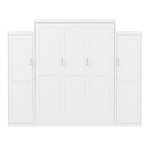 English Elm Queen Murphy Bed with 2 Wardrobes & Foldable Platform, Space-Saving White Queen Bedframe 650lbs N733S339767K