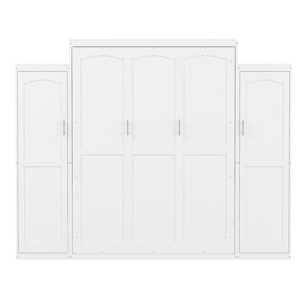 English Elm Queen Murphy Bed with 2 Wardrobes & Foldable Platform, Space-Saving White Queen Bedframe 650lbs N733S339767K