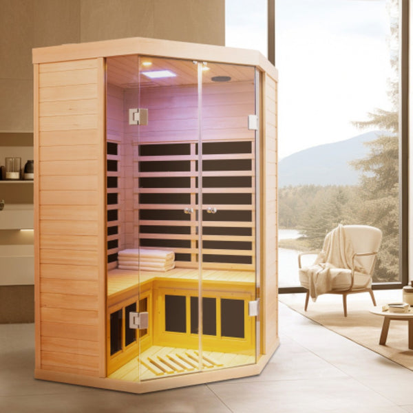 English Elm Hemlock Wood Corner Sauna with Far Infrared Panels for Deep Heat Therapy W1787P324695