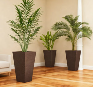 English Elm Outdoor Tall Rattan Style Column Planters Set of 3 Uv Resistant Pp with Drainage T3971P423342