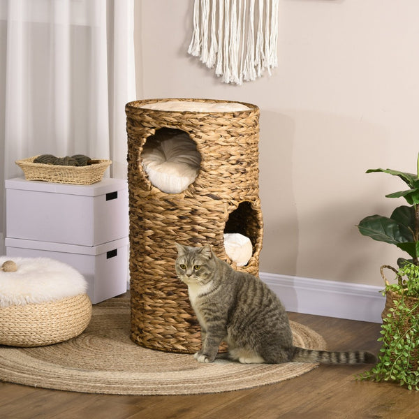 English Elm Pawhut Hand-woven Water Hyacinth Cat Tower Four-story Hideaway Caves Plush Beds W2225P217052