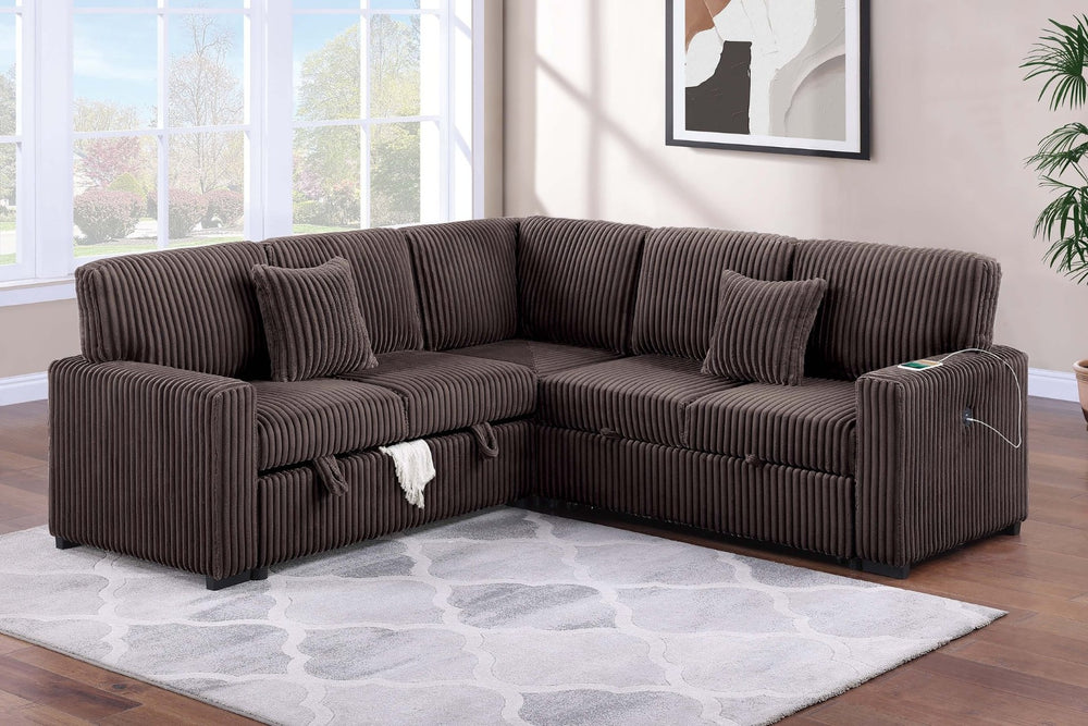 English Elm Modern Corduroy Sectional Sofa with Storage Pull Out Bed and Usb Charging Port B011S02172