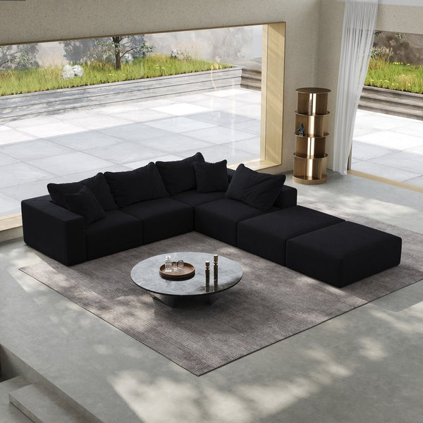 English Elm Oversized sponge cloud sofa modular 162" L-shaped sectional with chenille upholstery and 6 pillows, no-assembly comfort Black W834S00390