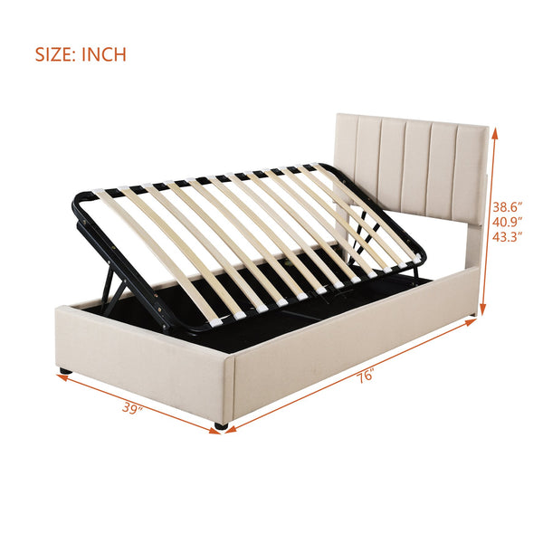 English Elm Twin Upholstered Hydraulic Storage Bed with Vertical Stripe Headboard, Space-Saving Modern Platform Beige SF000185AAA