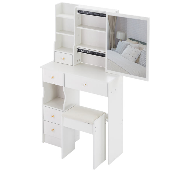 English Elm 29.2" Compact Vanity Set With Sliding Mirror, Cushioned Stool, And Multi-Layer Storage For Small Spaces W3258P299609