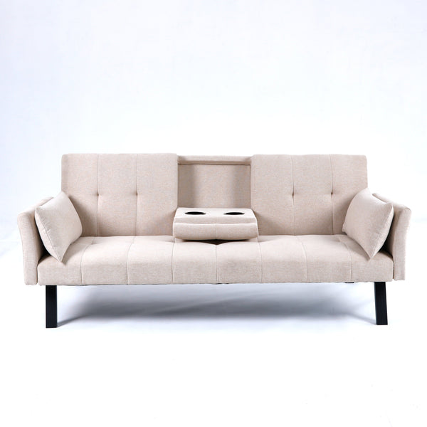 English Elm 70-inch Foldable Cotton Linen Sofa Bed with Cup Holder & Side Storage, Space-Saving 2-Seater Design Beige W3371P337197