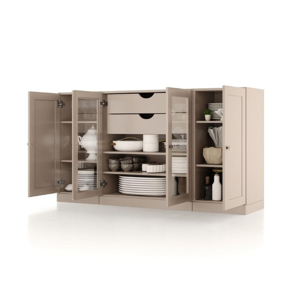 65 Inch Solid Wood Sideboard with Four Glass Doors and Two Drawers for Dining Room Storage