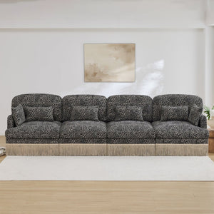 English Elm 131" Chenille Leopard Sectional Sofa Modular 4 Seat Deep Cushion Tassel Trim Khaki W5656S00025
