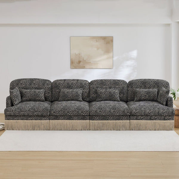 English Elm 131" Chenille Leopard Sectional Sofa Modular 4 Seat Deep Cushion Tassel Trim Khaki W5656S00025