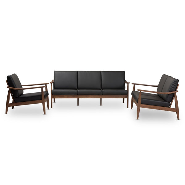 Baxton Studio Baxton Venza Mid-Century Modern 3-Piece Living Room Set in Walnut Wood & Black Faux Leather Comfort Venza-Black/Walnut Brown-3PC-Set