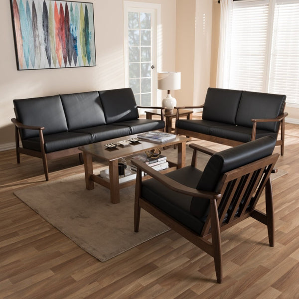 Baxton Studio Baxton Venza Mid-Century Modern 3-Piece Living Room Set in Walnut Wood & Black Faux Leather Comfort Venza-Black/Walnut Brown-3PC-Set