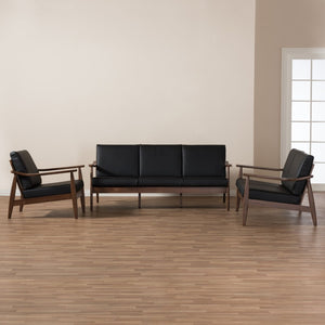 Baxton Studio Baxton Venza Mid-Century Modern 3-Piece Living Room Set in Walnut Wood & Black Faux Leather Comfort Venza-Black/Walnut Brown-3PC-Set