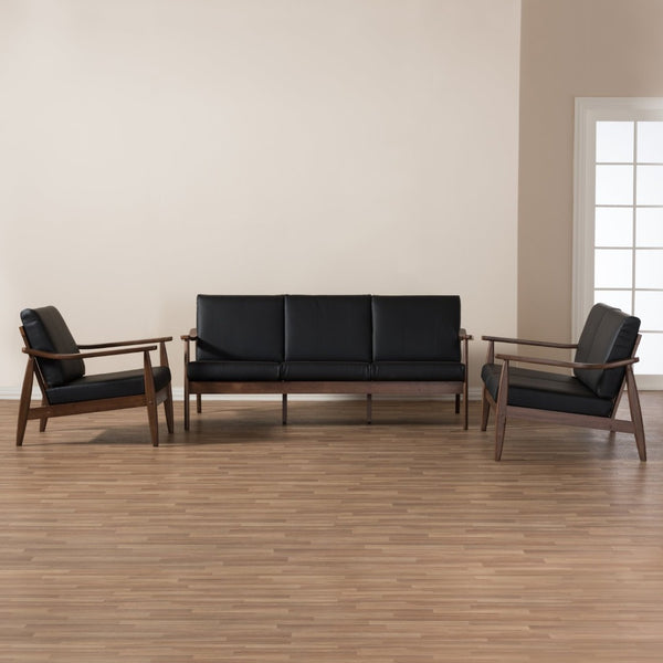 Baxton Studio Baxton Venza Mid-Century Modern 3-Piece Living Room Set in Walnut Wood & Black Faux Leather Comfort Venza-Black/Walnut Brown-3PC-Set