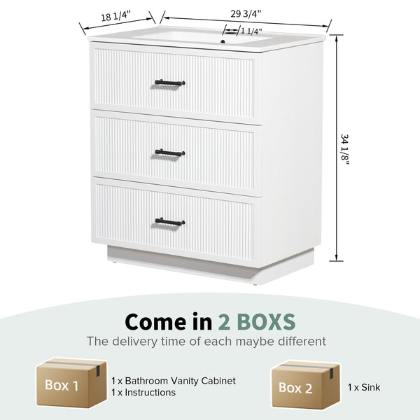 English Elm 30 Inch Bathroom Vanity With Ceramic Sink - Modern Freestanding Storage Cabinet, 2 Drawers, White Finish W1550S00045