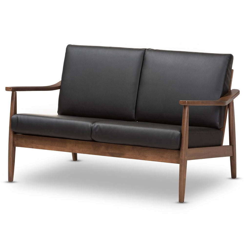 Baxton Studio Baxton Venza Mid-Century Modern Loveseat in Walnut & Black Faux Leather - Stylish Compact Seating Venza-Black/Walnut Brown-LS